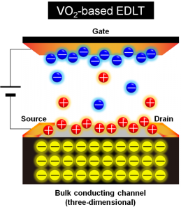 A schematic device structure of a VO2-based electric-double-layer transistor enabling bulk three-dimensional phase transition. © Masaki Nakano