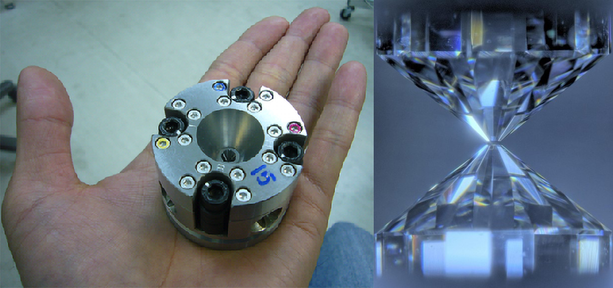 Left. An open hand, in the palm is a metal cylindrical item. Right. Two diamonds meet point to point.