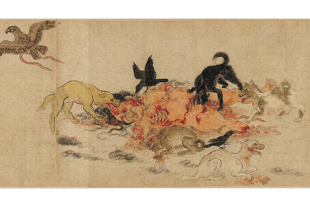 Sixth Stage “Tanso,” (consumption by animals and birds) Kusozu scroll (depicting the nine stages of a decaying corpse), from the collection of Kyushu National Museum