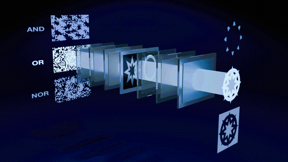 Dark background with pale 3D diagrams hovering in front showing multiple square layers with slightly different cutout shapes on them.