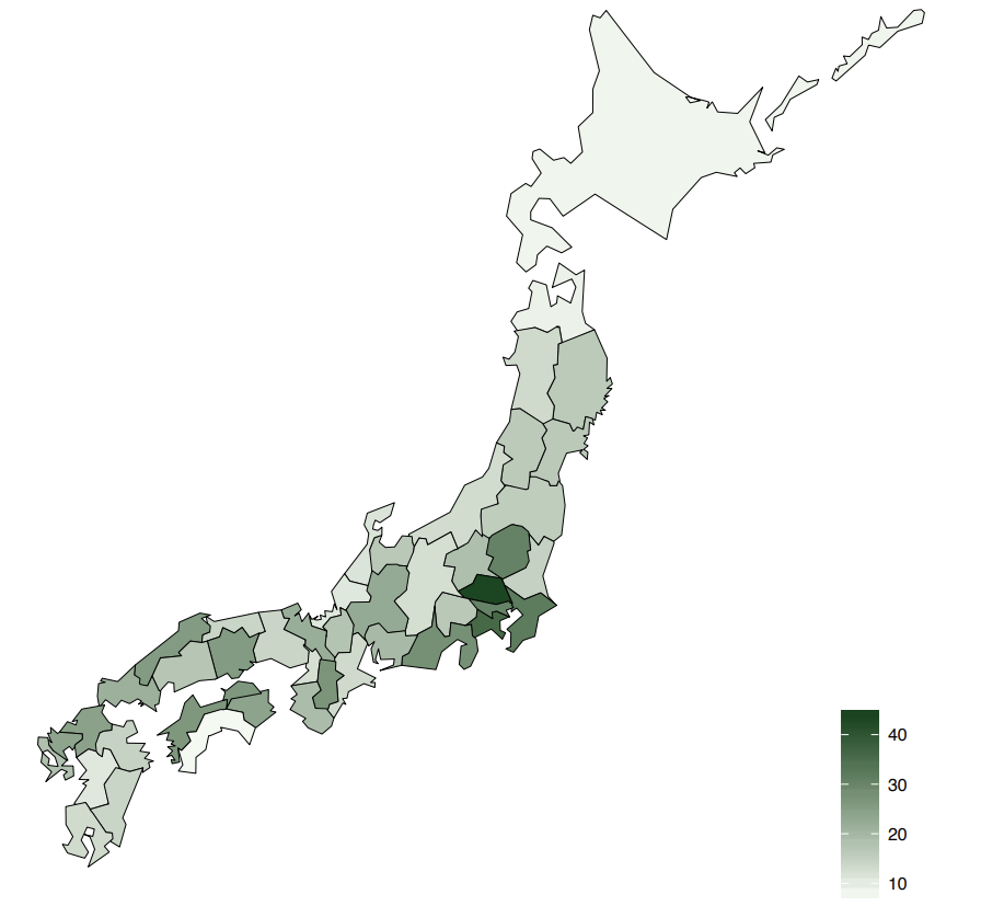 A regional map of Japan with some areas shaded green.