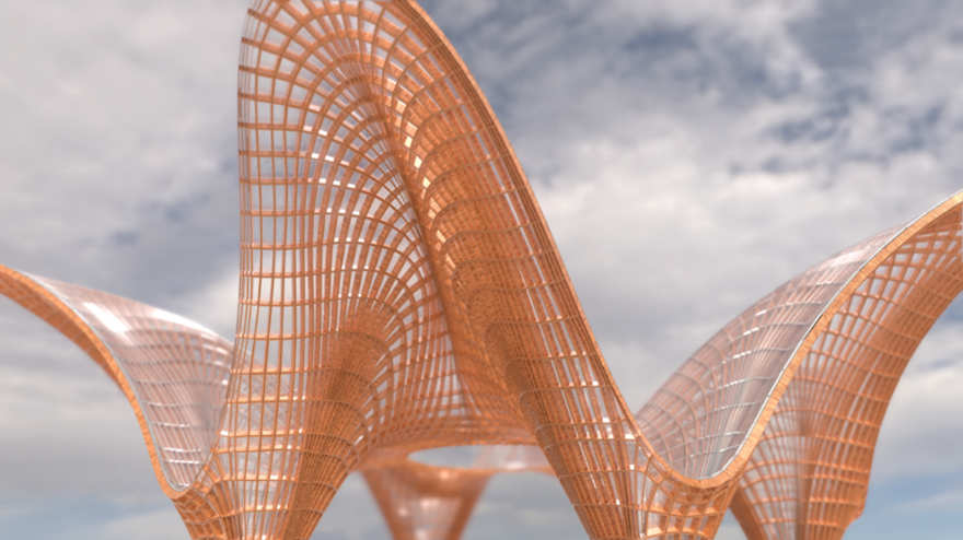 An orange curved grid structure against a background of clouds in the sky.