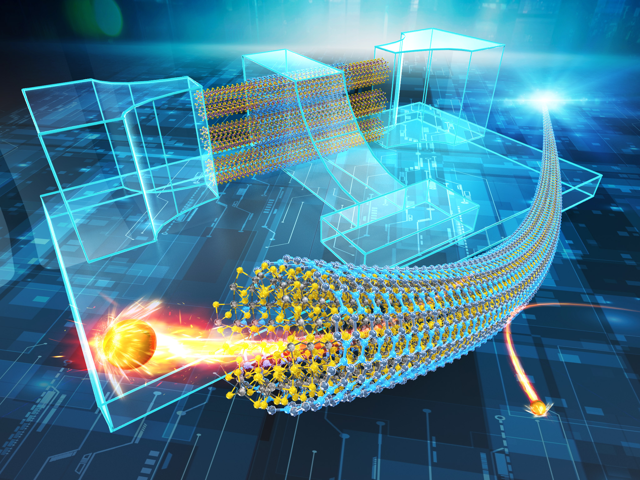 Illustration of a nanotube made of balls on a blue background
